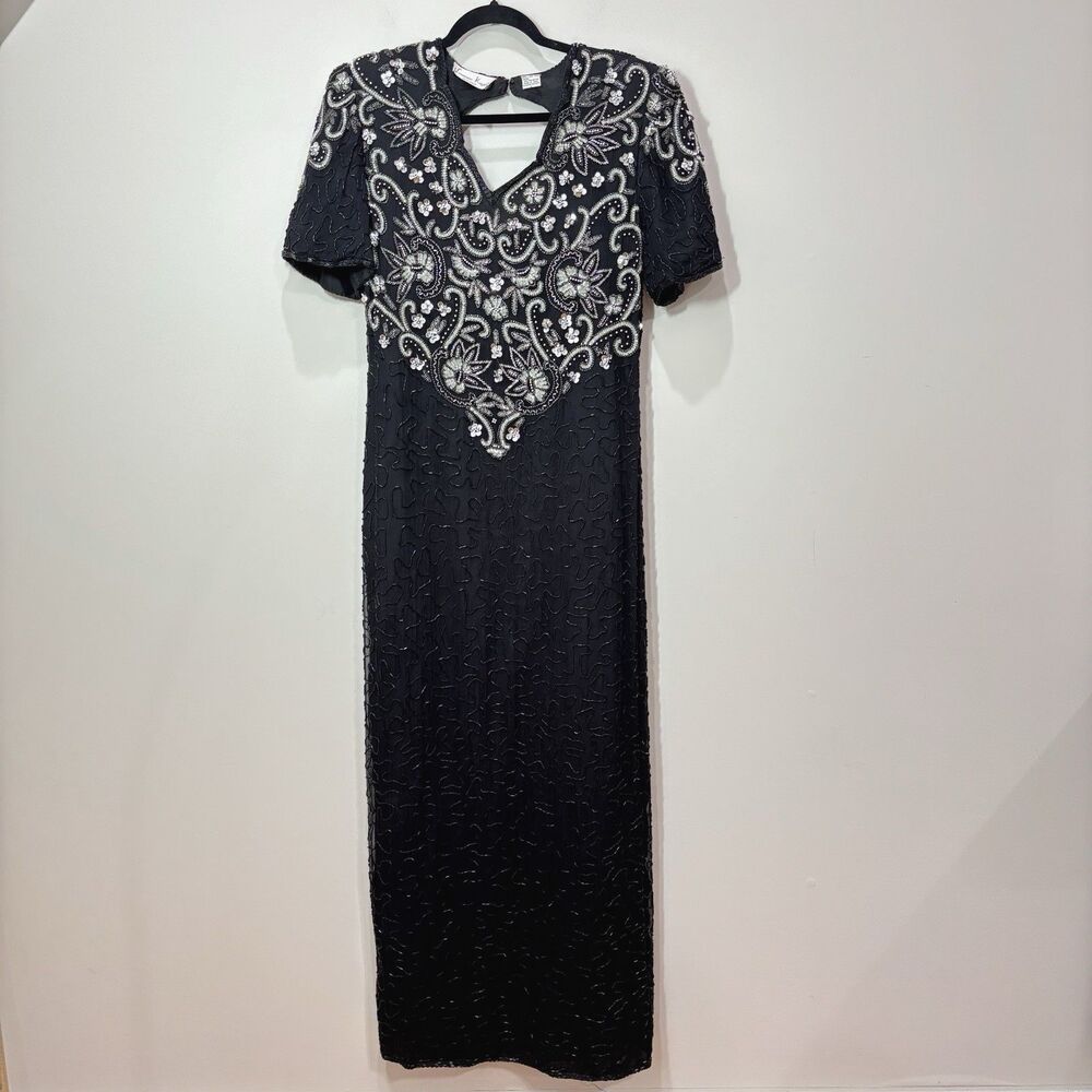 VTG Laurence Kazar Silk Beaded Dress Black L Sequin Art Deco Formal Evening MotB